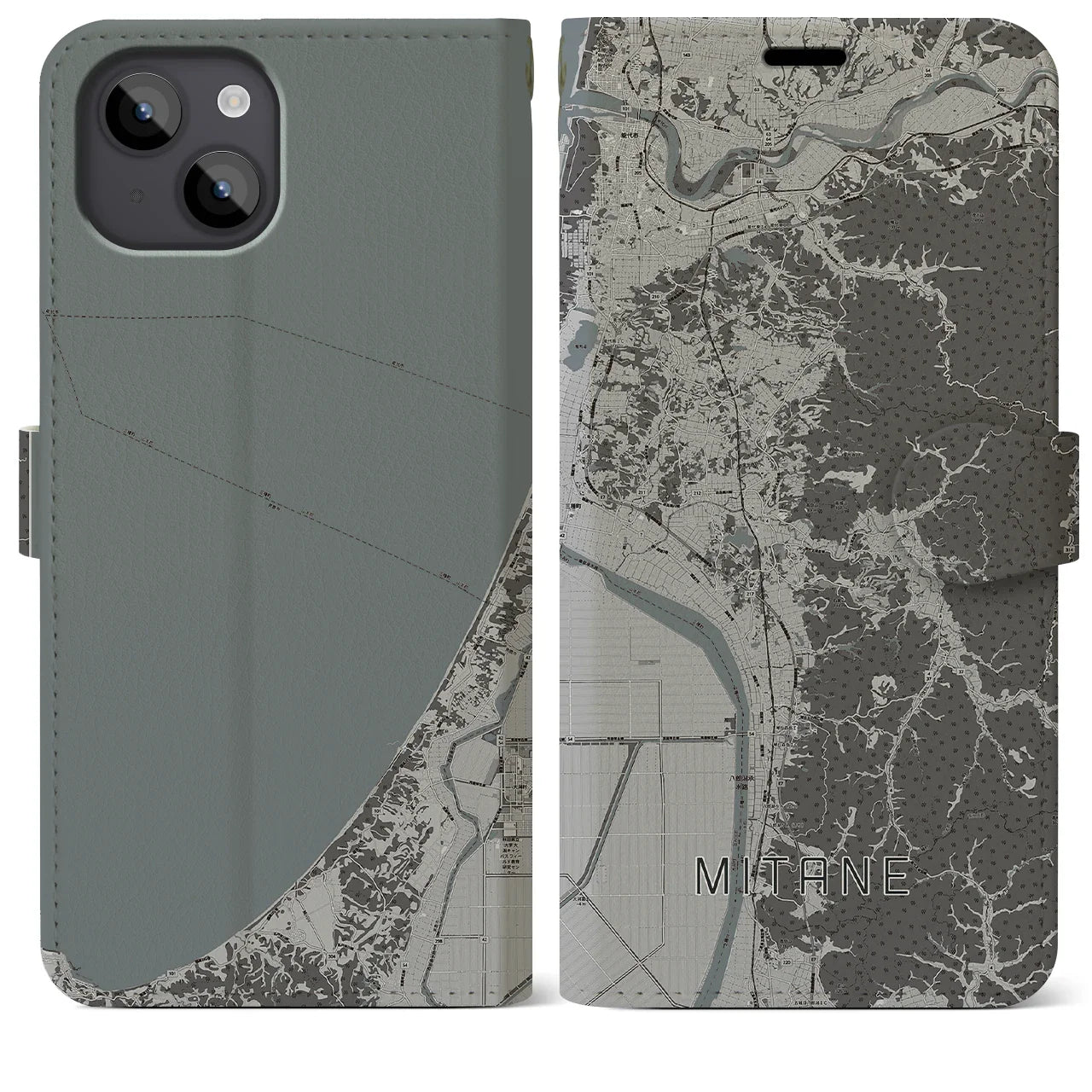 【三種(秋田県)】地図柄iPhoneケース(手帳タイプ)モノトーン・iPhone 14 Plus 用