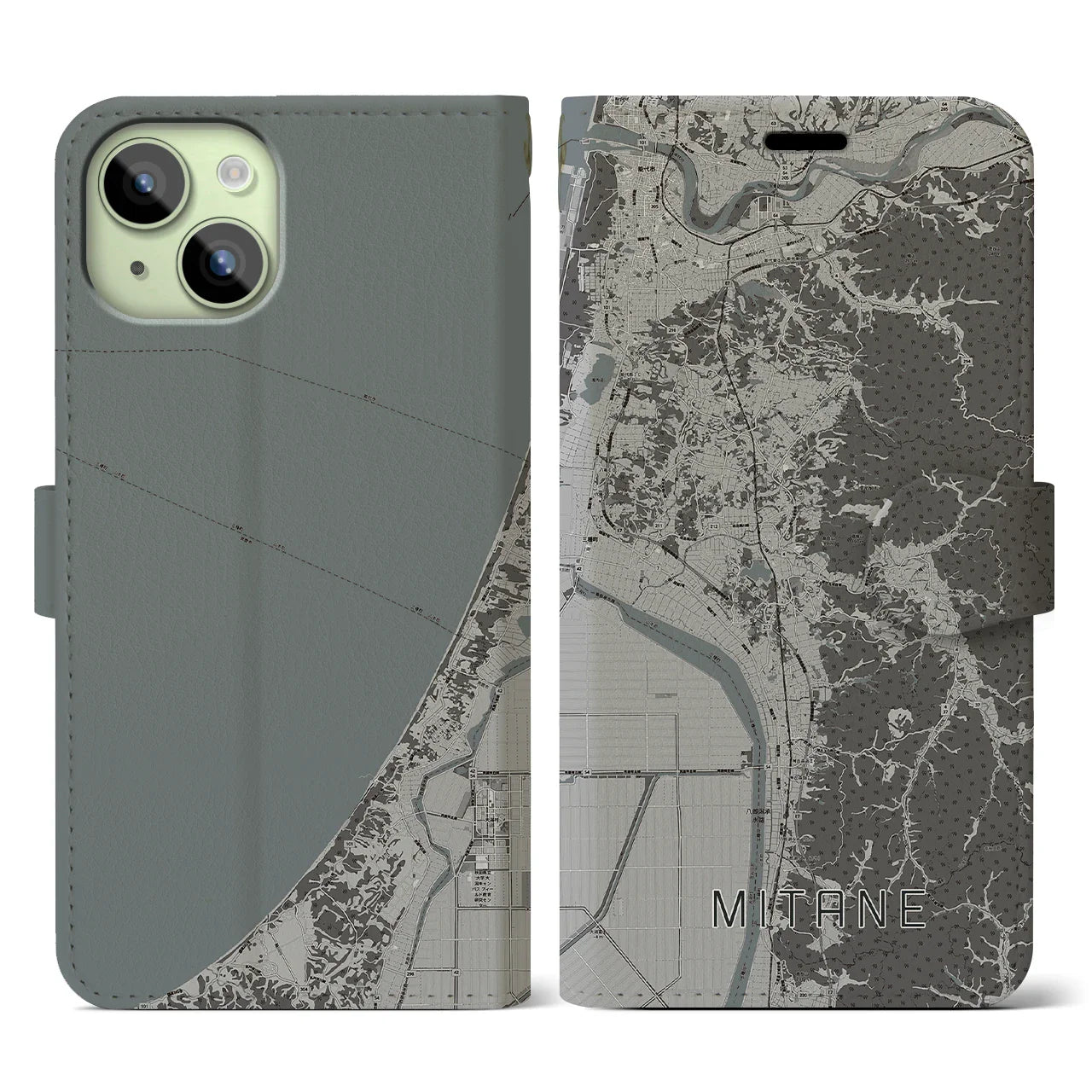 【三種(秋田県)】地図柄iPhoneケース(手帳タイプ)モノトーン・iPhone 15 用