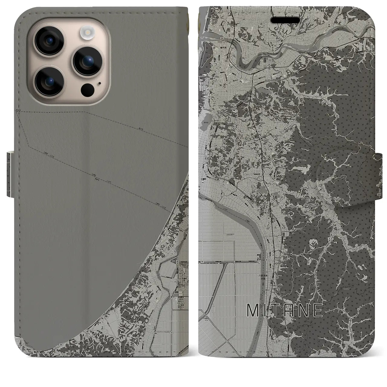 【三種(秋田県)】地図柄iPhoneケース(手帳タイプ)モノトーン・iPhone 16 Plus 用