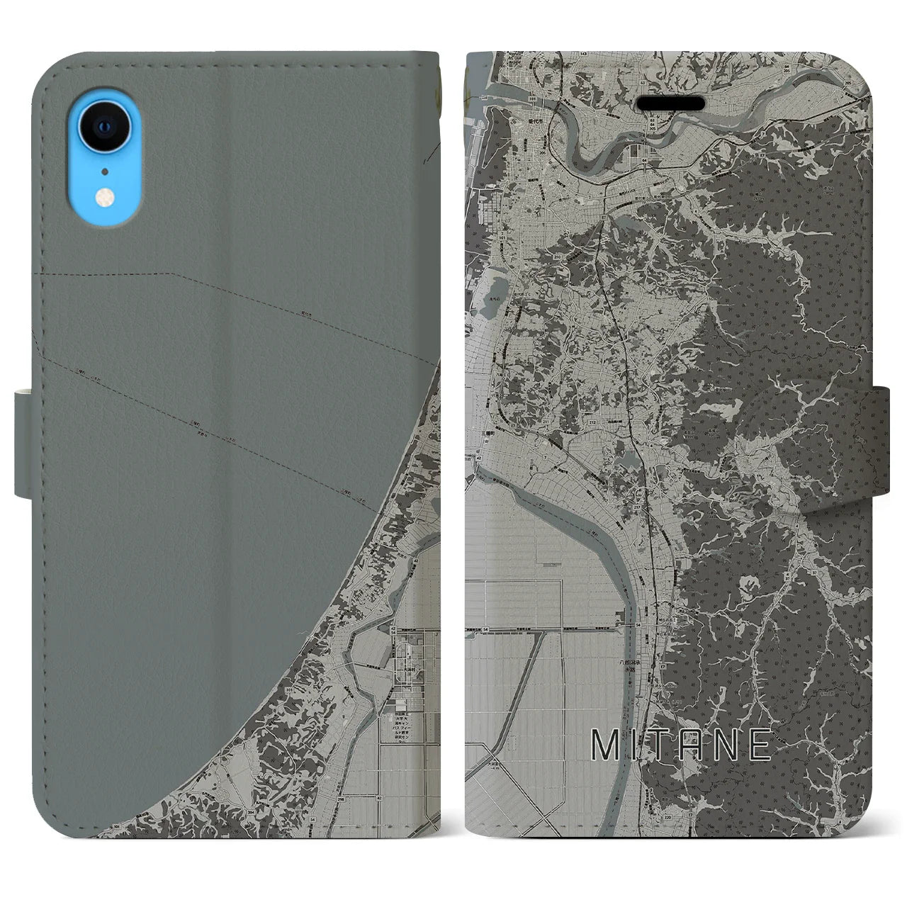 【三種(秋田県)】地図柄iPhoneケース(手帳タイプ)モノトーン・iPhone XR 用