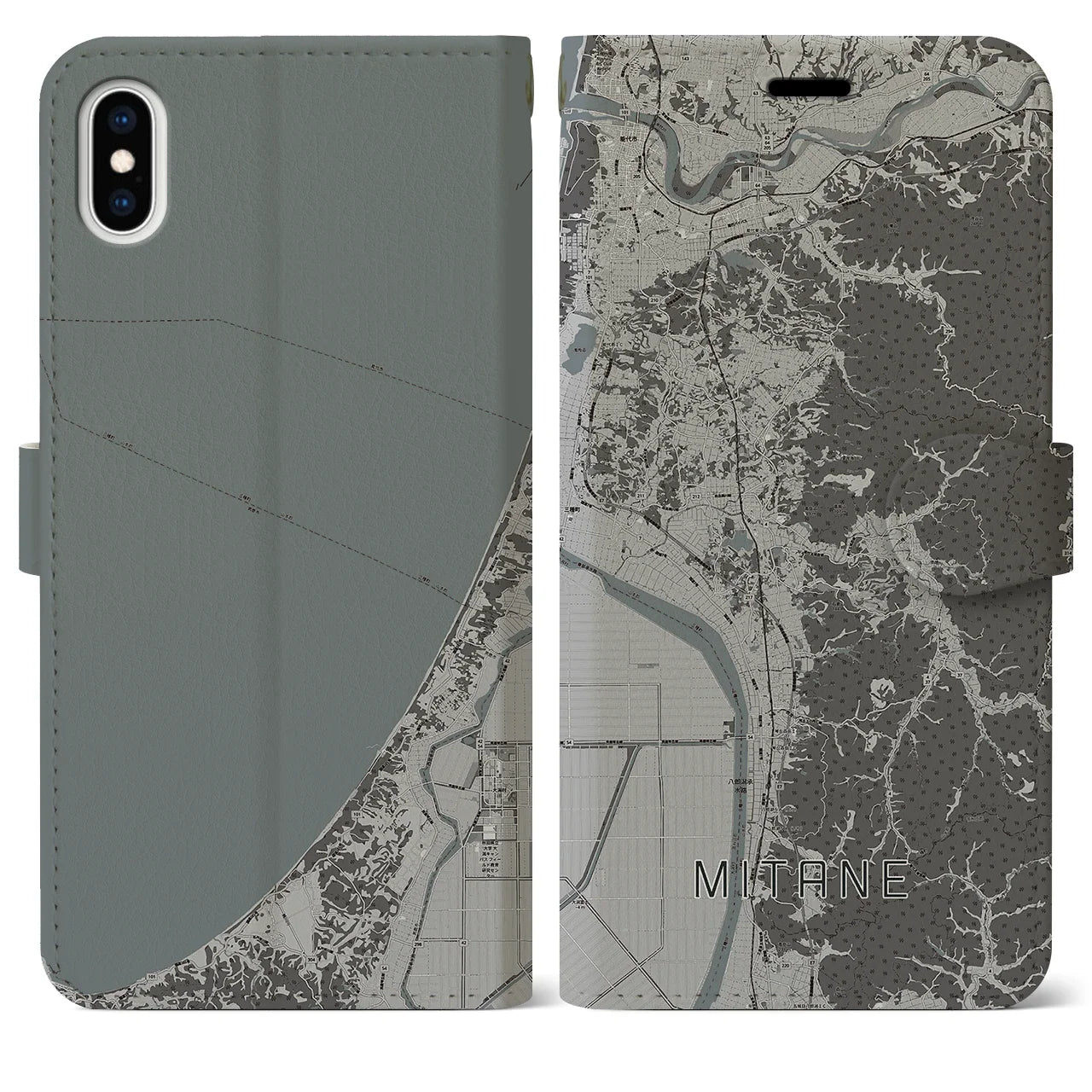 【三種(秋田県)】地図柄iPhoneケース(手帳タイプ)モノトーン・iPhone XS Max 用
