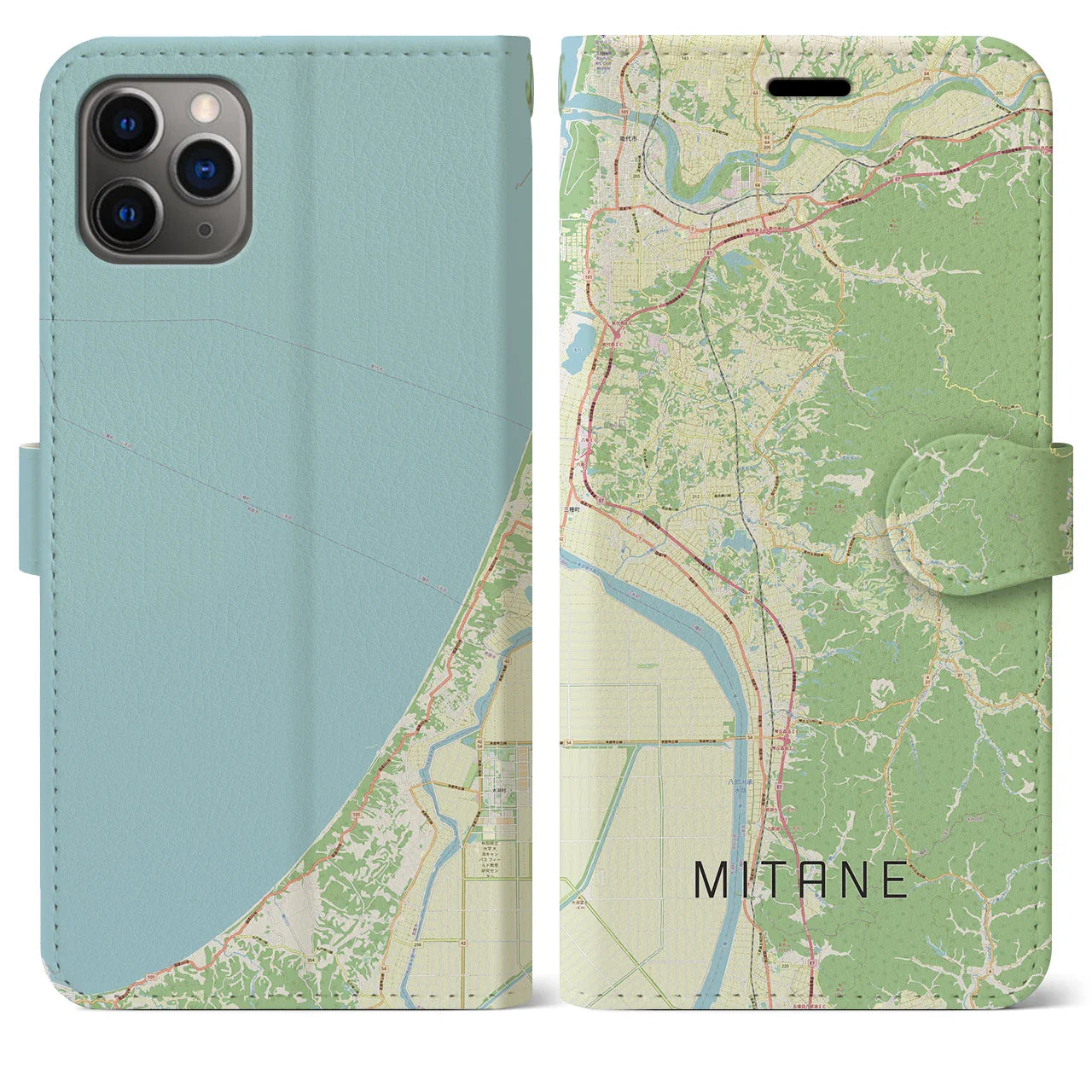 【三種(秋田県)】地図柄iPhoneケース(手帳タイプ)ナチュラル・iPhone 11 Pro Max 用