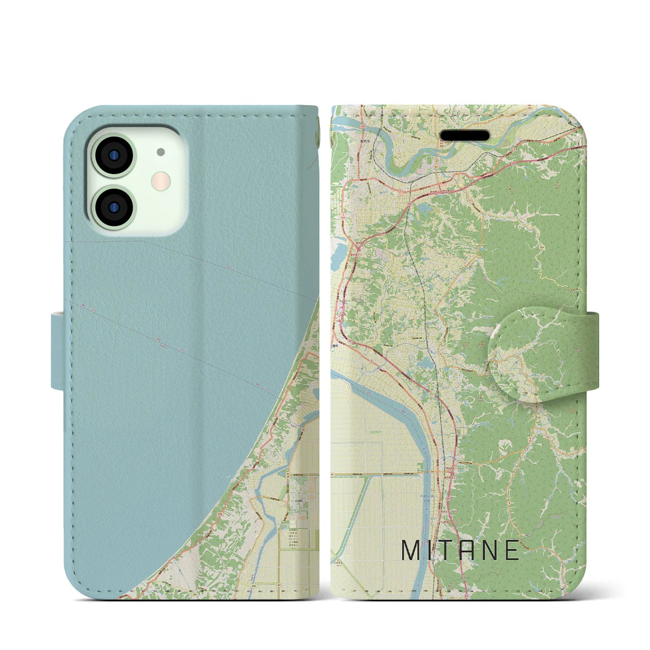 【三種(秋田県)】地図柄iPhoneケース(手帳タイプ)ナチュラル・iPhone 12 mini 用