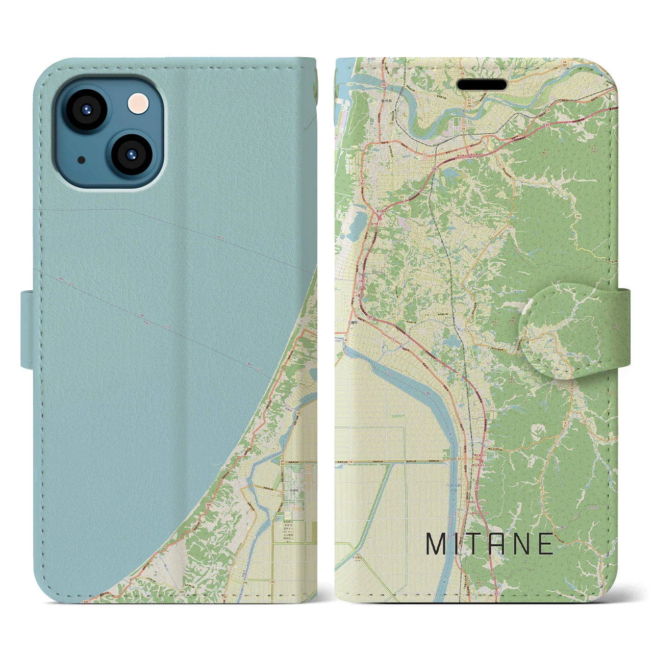 【三種(秋田県)】地図柄iPhoneケース(手帳タイプ)ナチュラル・iPhone 13 用
