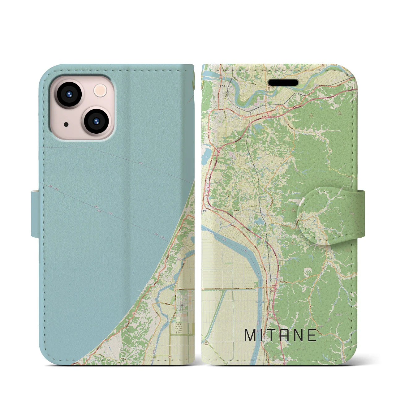 【三種(秋田県)】地図柄iPhoneケース(手帳タイプ)ナチュラル・iPhone 13 mini 用
