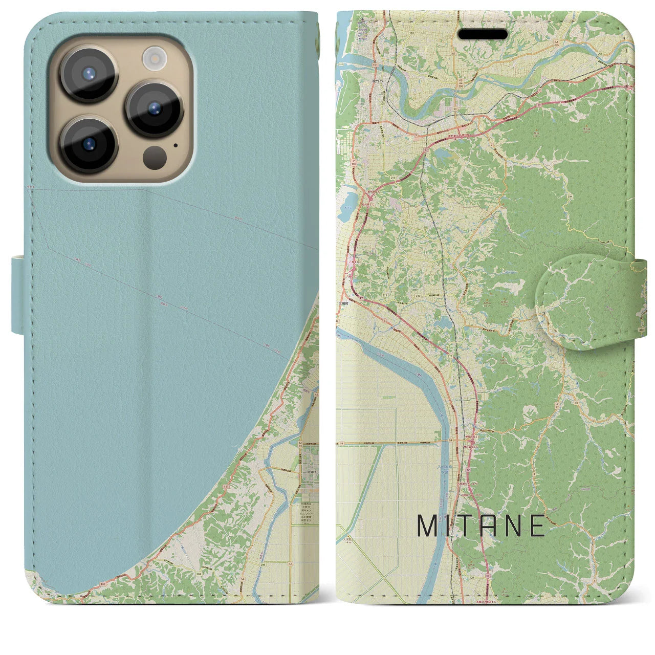 【三種(秋田県)】地図柄iPhoneケース(手帳タイプ)ナチュラル・iPhone 14 Pro Max 用
