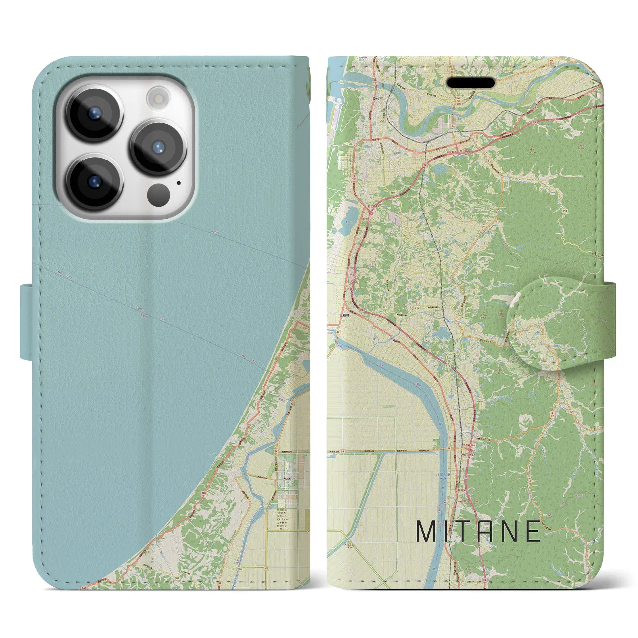 【三種(秋田県)】地図柄iPhoneケース(手帳タイプ)ナチュラル・iPhone 14 Pro 用