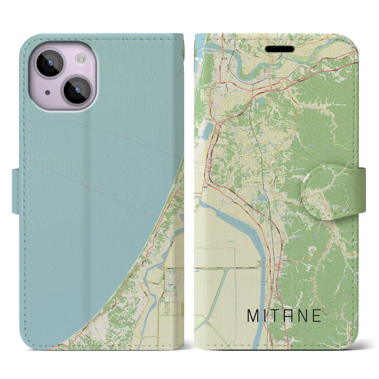 【三種(秋田県)】地図柄iPhoneケース(手帳タイプ)ナチュラル・iPhone 14 用
