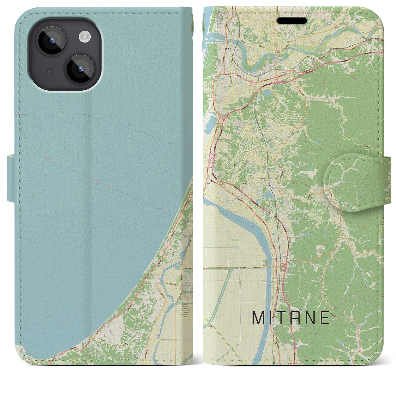 【三種(秋田県)】地図柄iPhoneケース(手帳タイプ)ナチュラル・iPhone 14 Plus 用