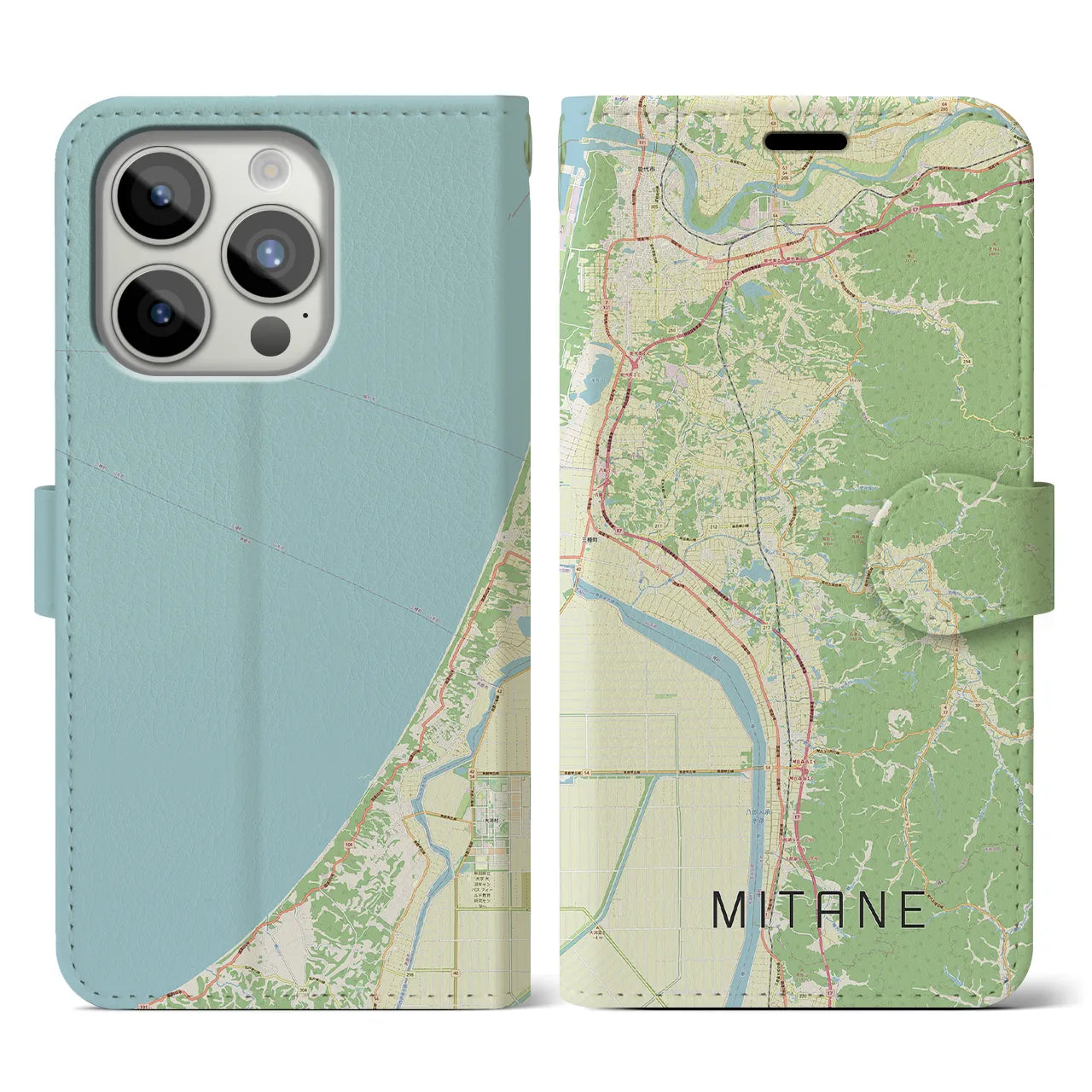 【三種(秋田県)】地図柄iPhoneケース(手帳タイプ)ナチュラル・iPhone 15 Pro 用