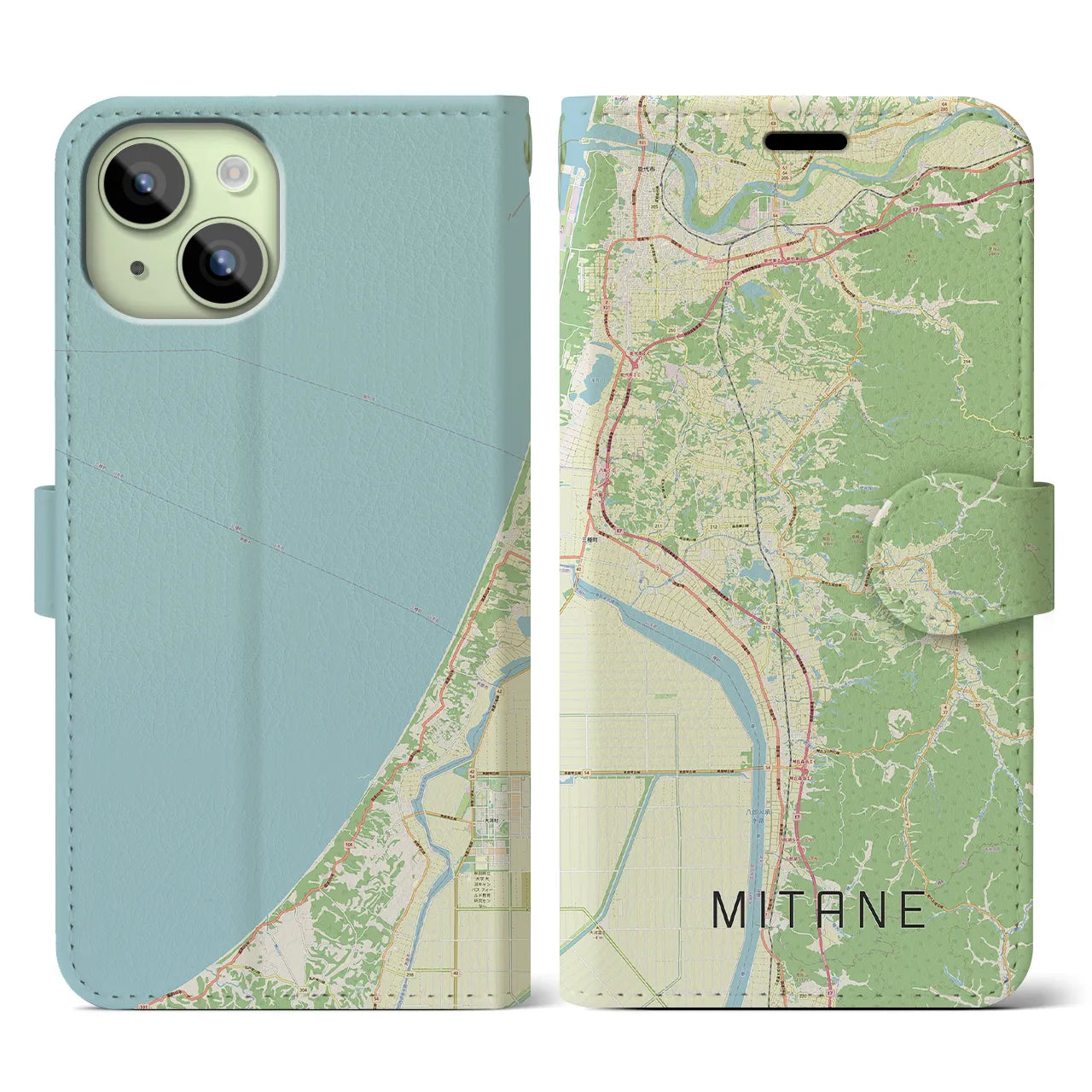 【三種(秋田県)】地図柄iPhoneケース(手帳タイプ)ナチュラル・iPhone 15 用