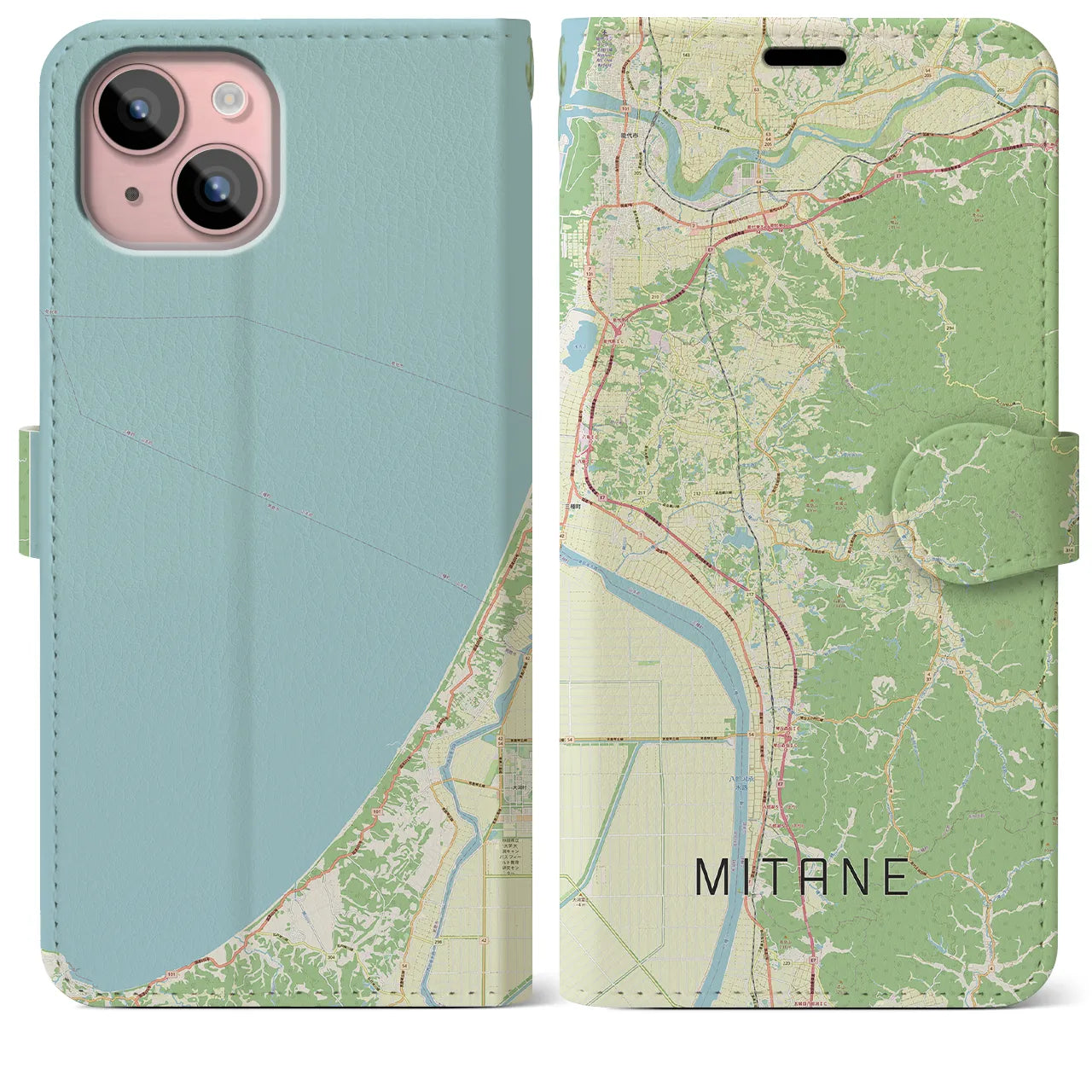 【三種(秋田県)】地図柄iPhoneケース(手帳タイプ)ナチュラル・iPhone 15 Plus 用