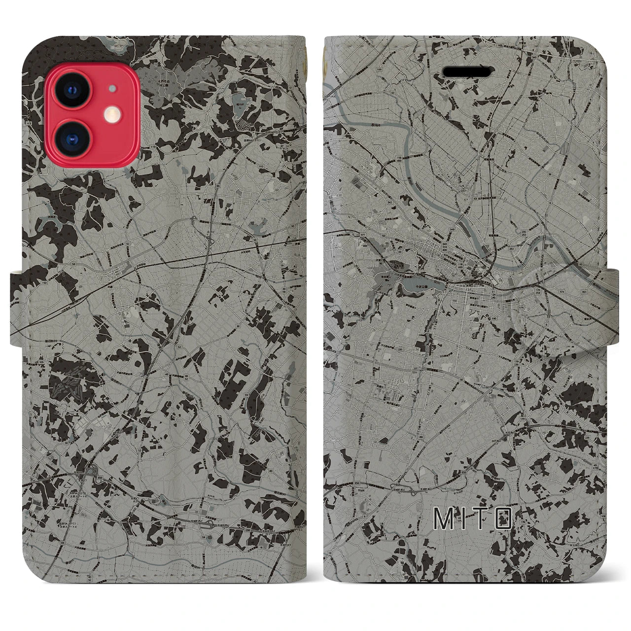 【水戸(茨城県)】地図柄iPhoneケース(手帳タイプ)モノトーン・iPhone 11 用