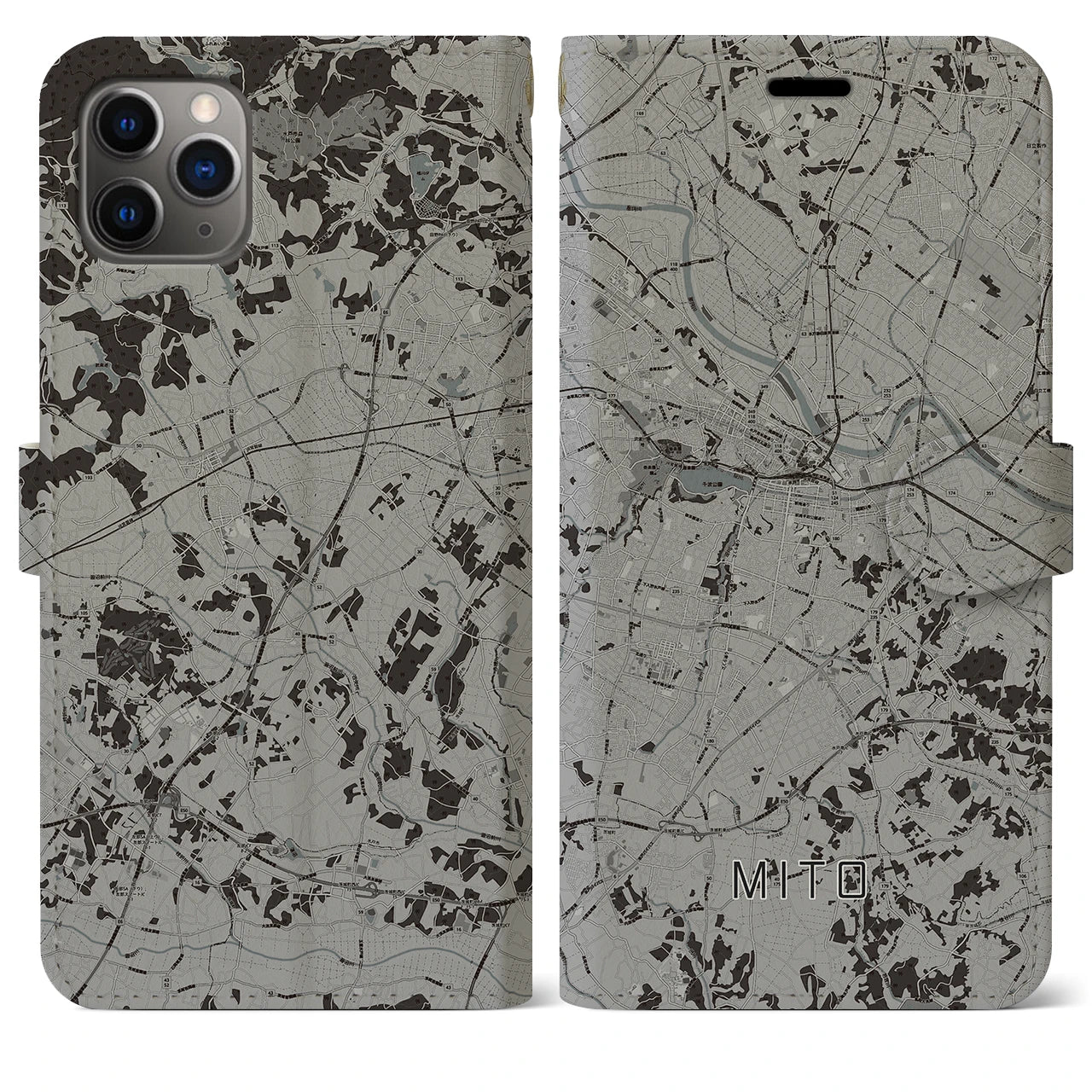 【水戸(茨城県)】地図柄iPhoneケース(手帳タイプ)モノトーン・iPhone 11 Pro Max 用