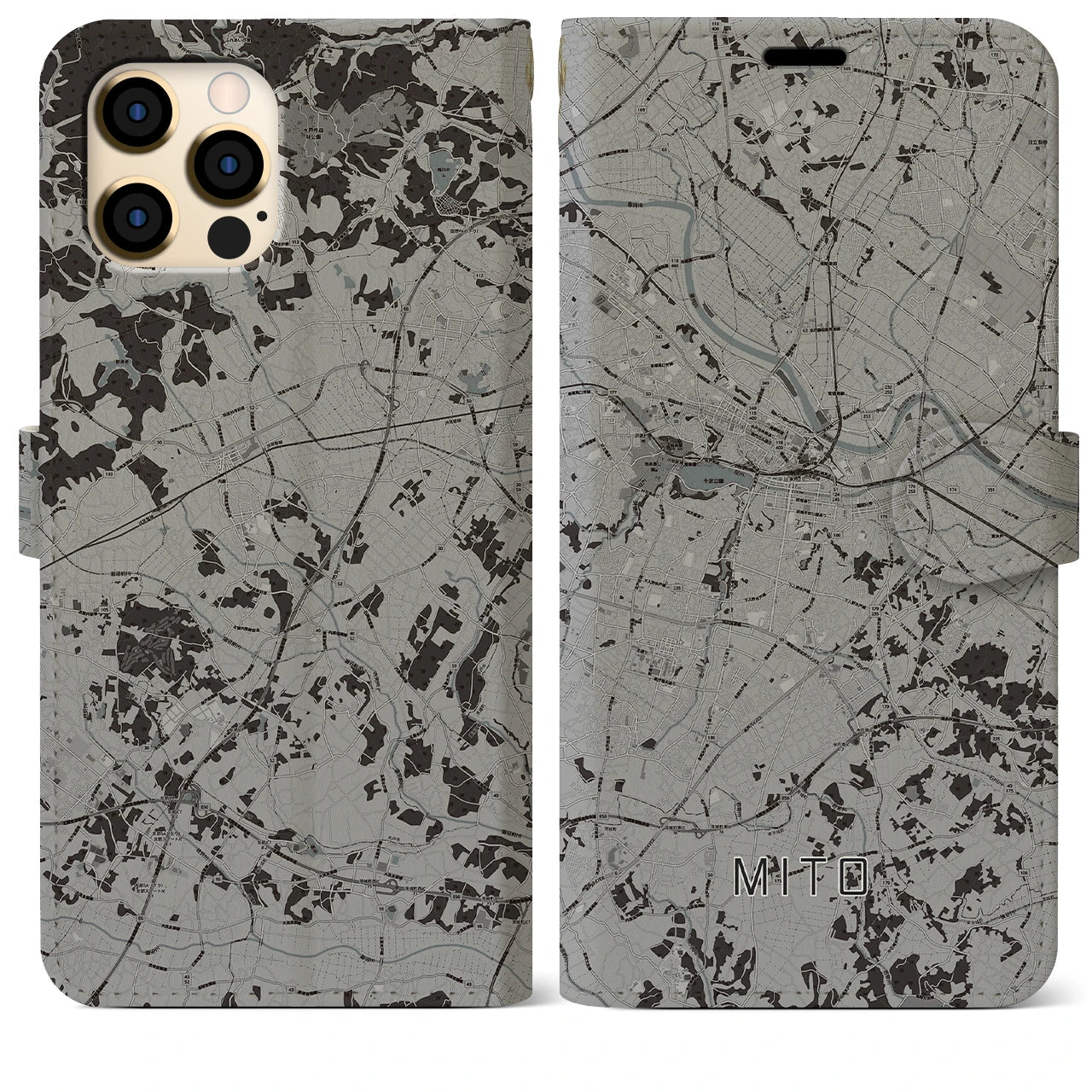 【水戸(茨城県)】地図柄iPhoneケース(手帳タイプ)モノトーン・iPhone 12 Pro Max 用