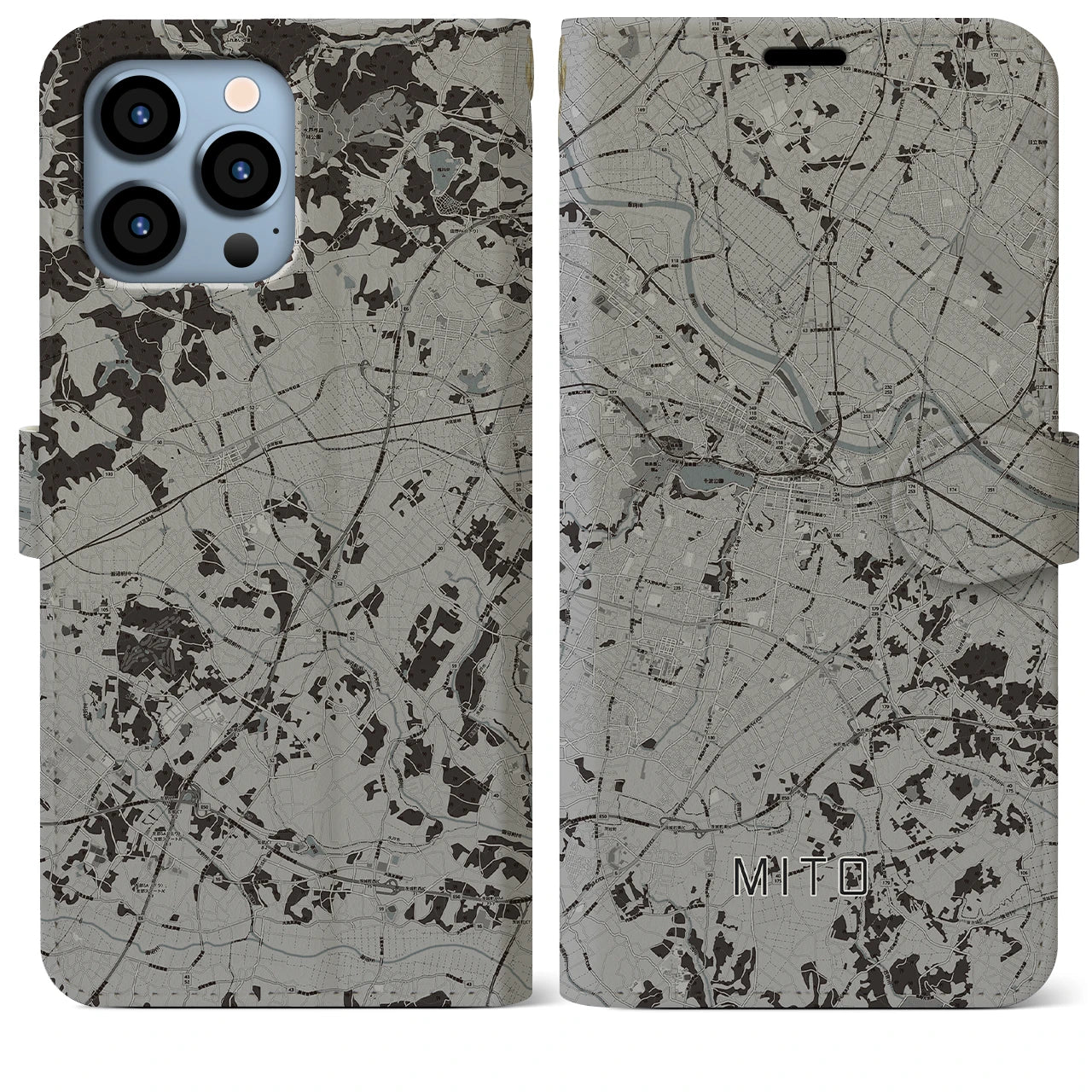【水戸(茨城県)】地図柄iPhoneケース(手帳タイプ)モノトーン・iPhone 13 Pro Max 用
