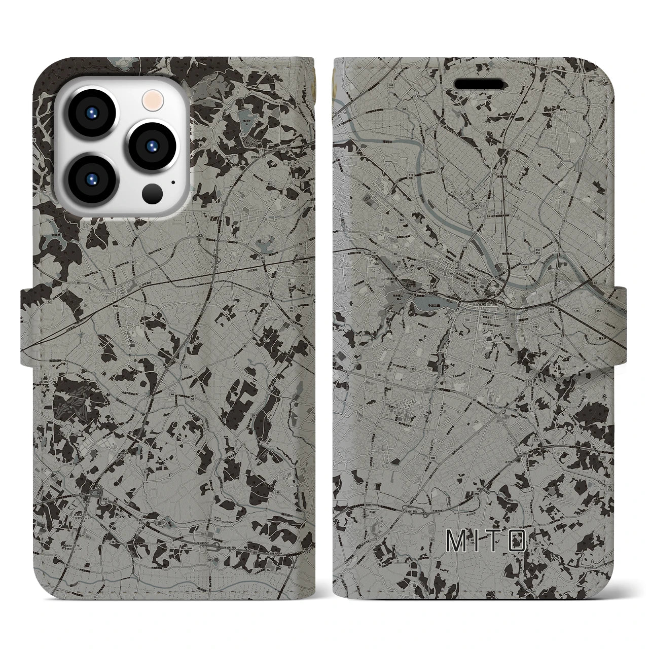 【水戸(茨城県)】地図柄iPhoneケース(手帳タイプ)モノトーン・iPhone 13 Pro 用