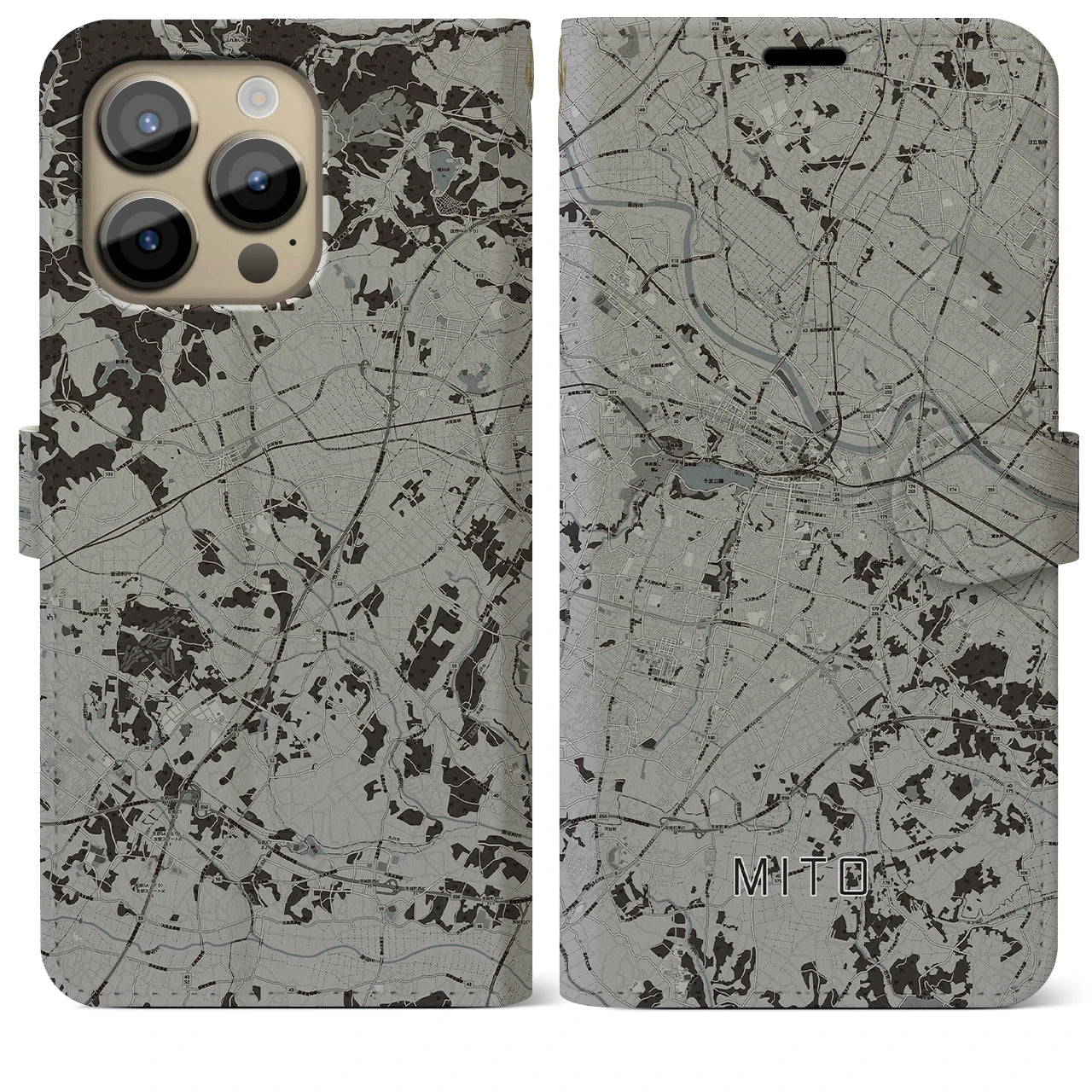 【水戸(茨城県)】地図柄iPhoneケース(手帳タイプ)モノトーン・iPhone 14 Pro Max 用
