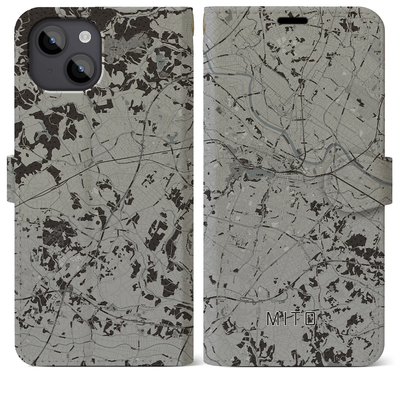 【水戸(茨城県)】地図柄iPhoneケース(手帳タイプ)モノトーン・iPhone 14 Plus 用