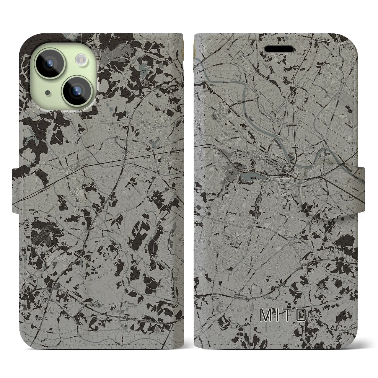 【水戸(茨城県)】地図柄iPhoneケース(手帳タイプ)モノトーン・iPhone 15 用