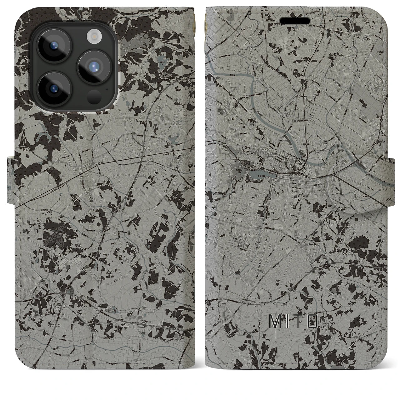 【水戸(茨城県)】地図柄iPhoneケース(手帳タイプ)モノトーン・iPhone 15 Pro Max 用