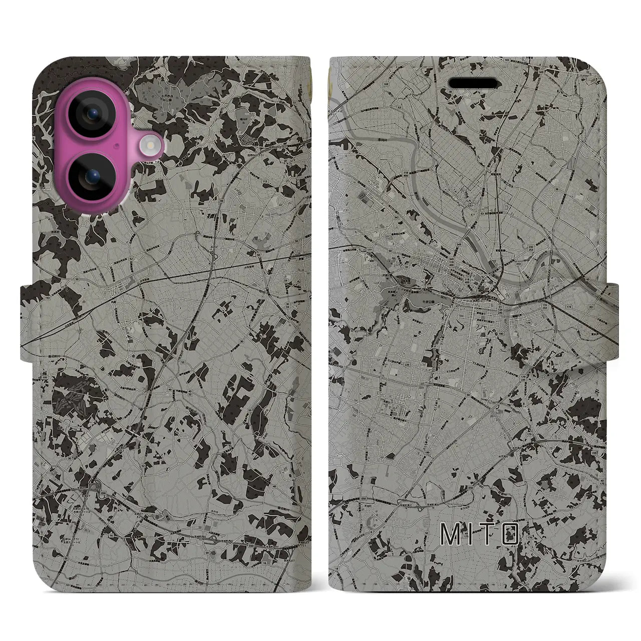 【水戸(茨城県)】地図柄iPhoneケース(手帳タイプ)モノトーン・iPhone 16 Pro 用