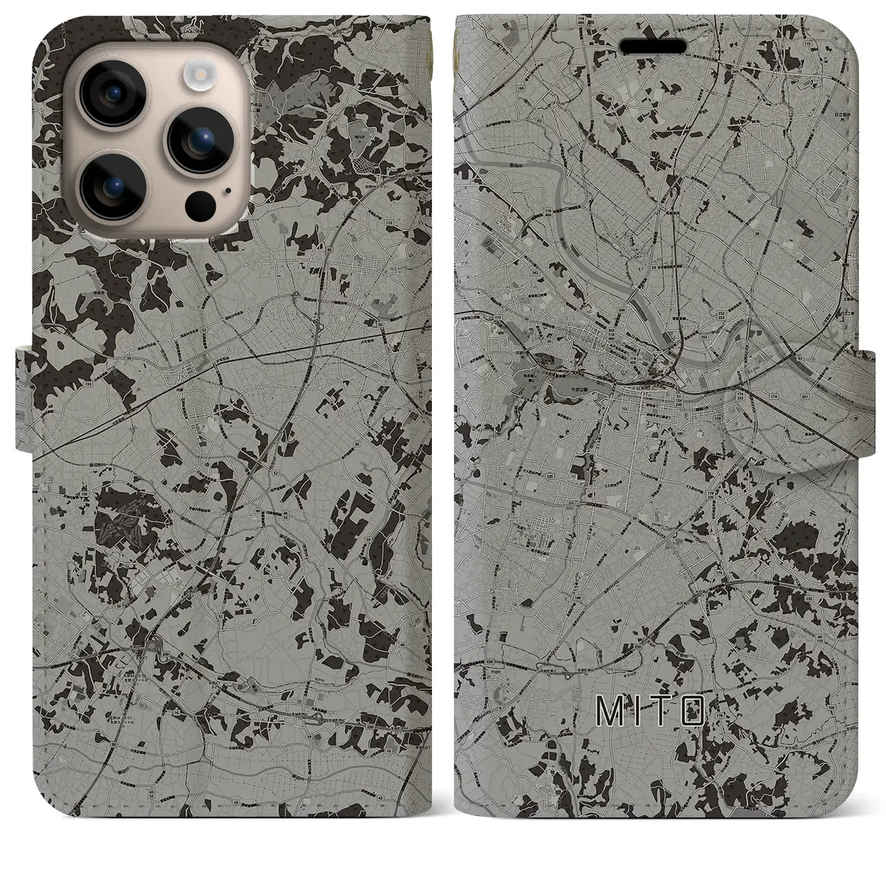 【水戸(茨城県)】地図柄iPhoneケース(手帳タイプ)モノトーン・iPhone 16 Plus 用