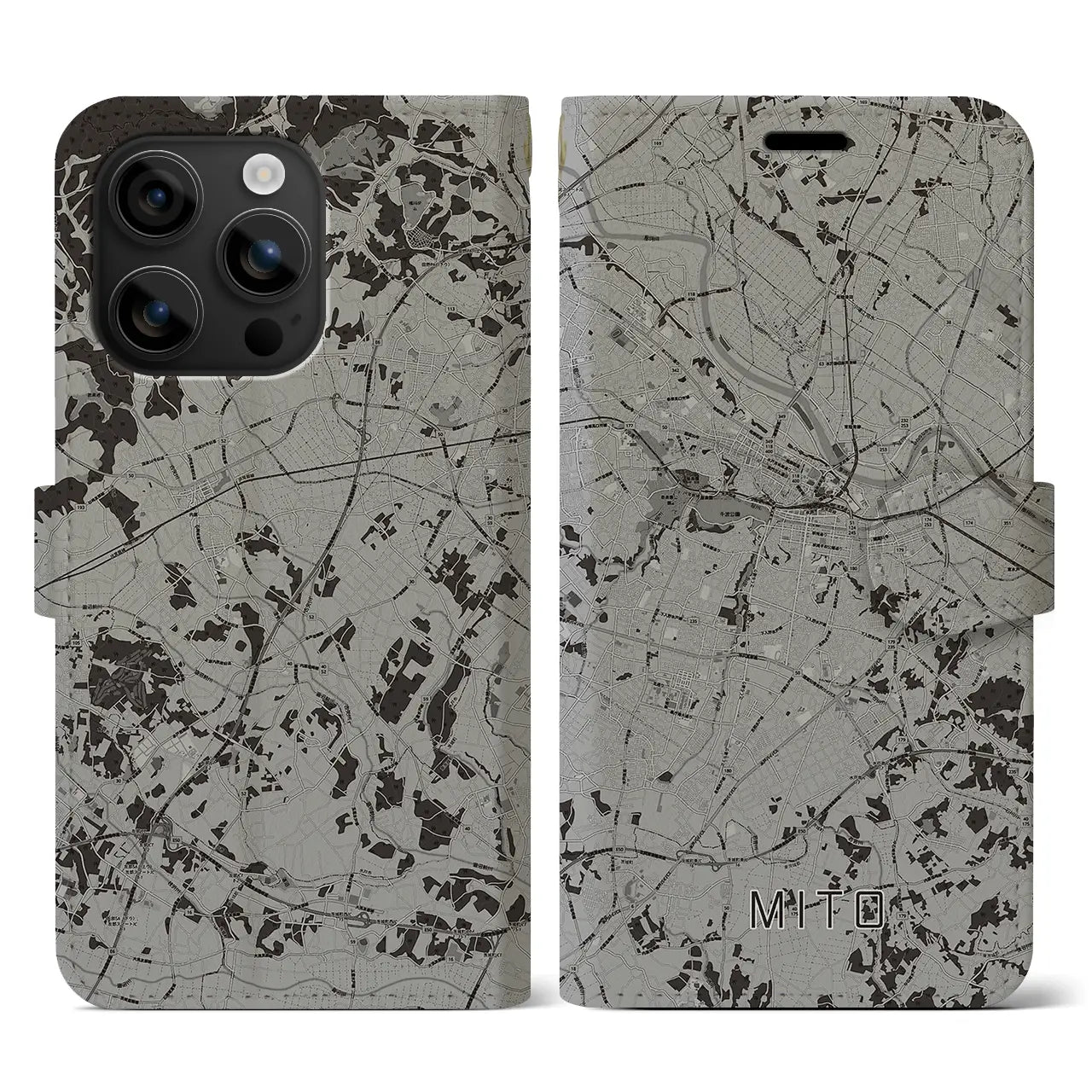 【水戸(茨城県)】地図柄iPhoneケース(手帳タイプ)モノトーン・iPhone 16 用