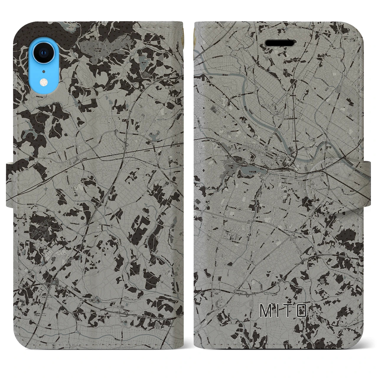 【水戸(茨城県)】地図柄iPhoneケース(手帳タイプ)モノトーン・iPhone XR 用