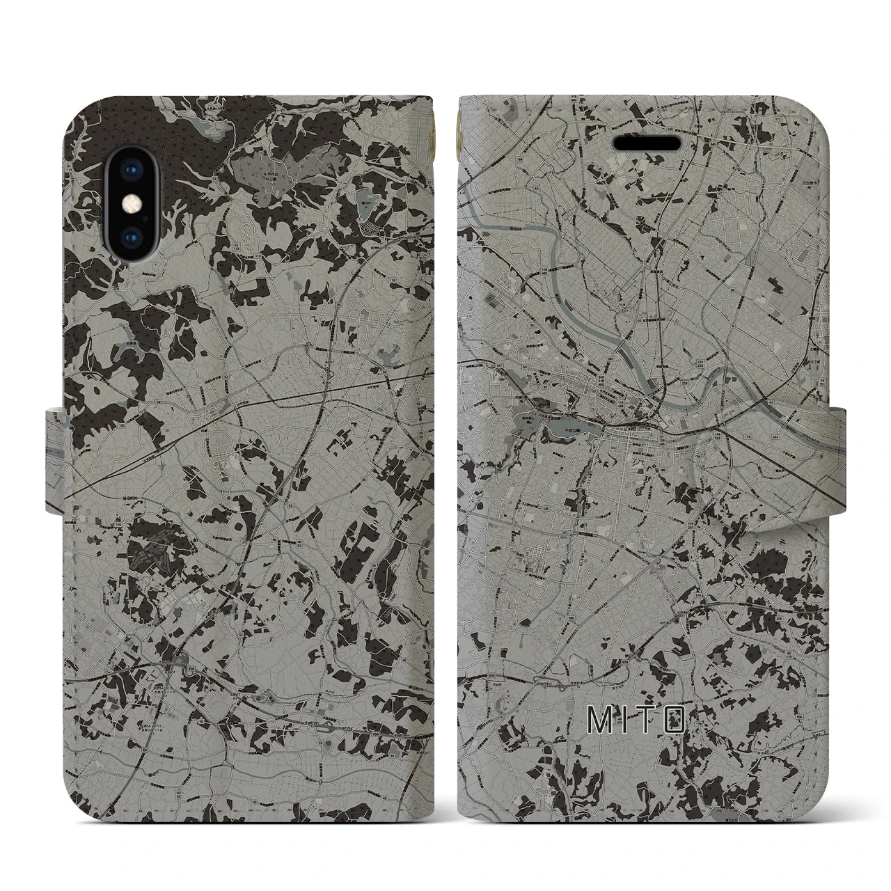 【水戸(茨城県)】地図柄iPhoneケース(手帳タイプ)モノトーン・iPhone XS / X 用