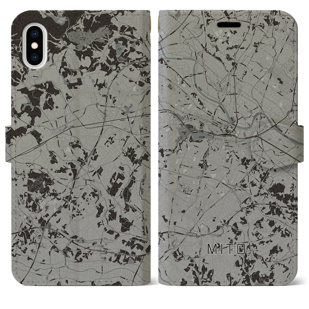 【水戸(茨城県)】地図柄iPhoneケース(手帳タイプ)モノトーン・iPhone XS Max 用