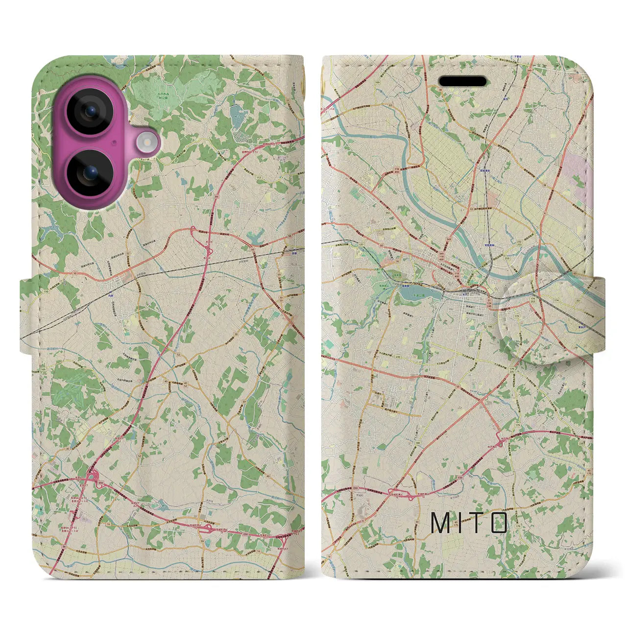 【水戸(茨城県)】地図柄iPhoneケース(手帳タイプ)ナチュラル・iPhone 16 Pro 用