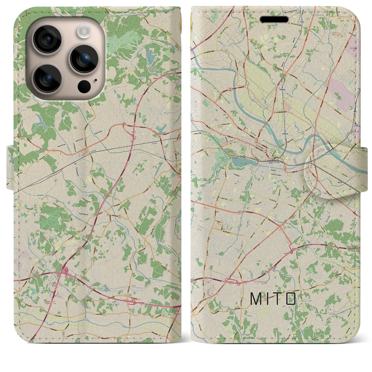 【水戸(茨城県)】地図柄iPhoneケース(手帳タイプ)ナチュラル・iPhone 16 Plus 用