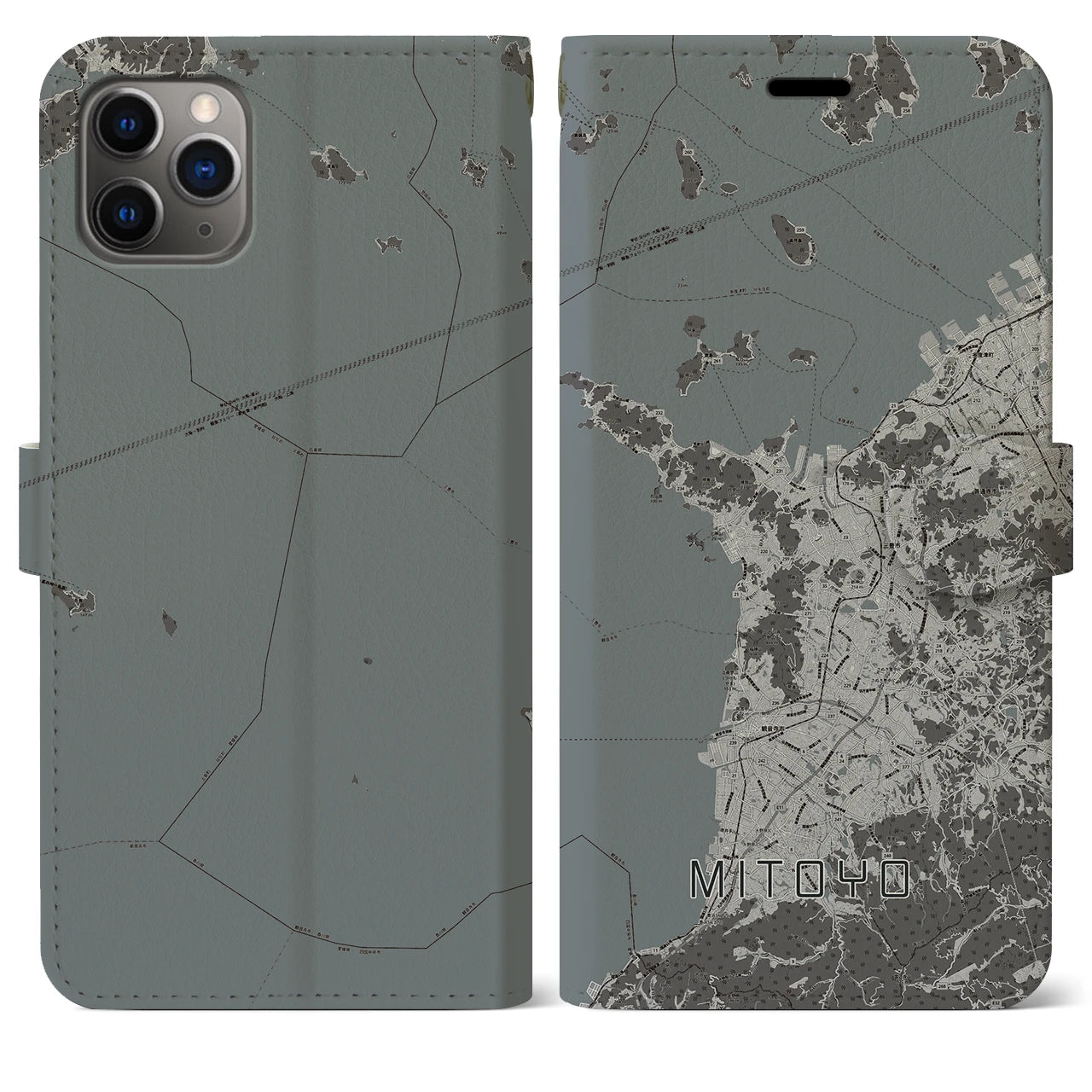【三豊(香川県)】地図柄iPhoneケース(手帳タイプ)モノトーン・iPhone 11 Pro Max 用