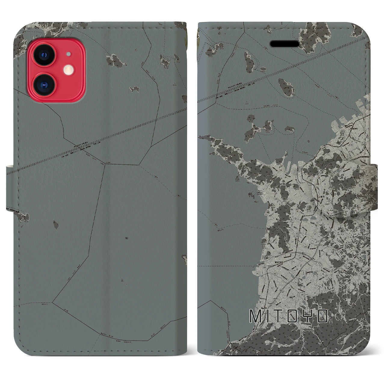 【三豊(香川県)】地図柄iPhoneケース(手帳タイプ)モノトーン・iPhone 11 用