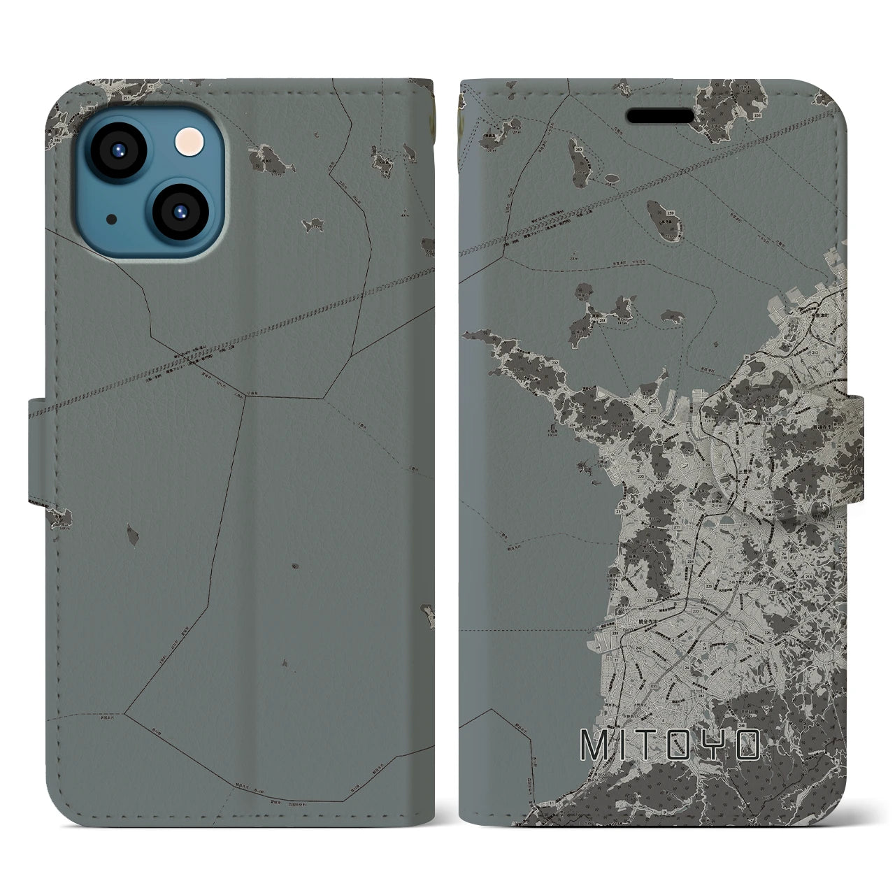 【三豊(香川県)】地図柄iPhoneケース(手帳タイプ)モノトーン・iPhone 13 用