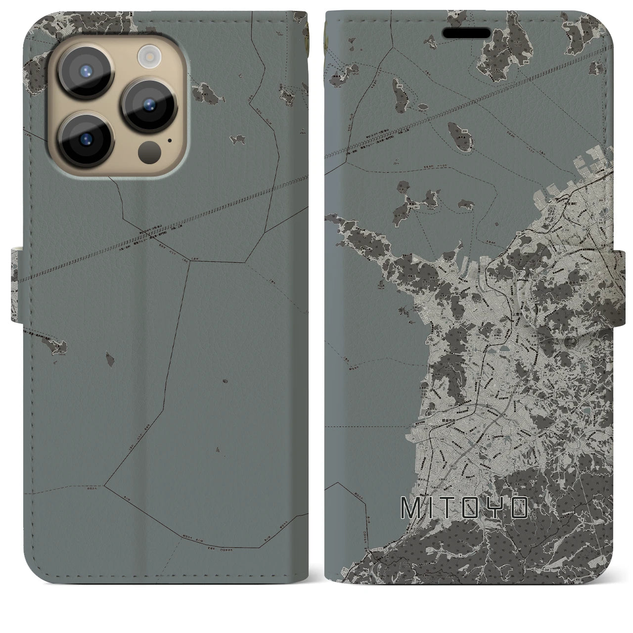 【三豊(香川県)】地図柄iPhoneケース(手帳タイプ)モノトーン・iPhone 14 Pro Max 用
