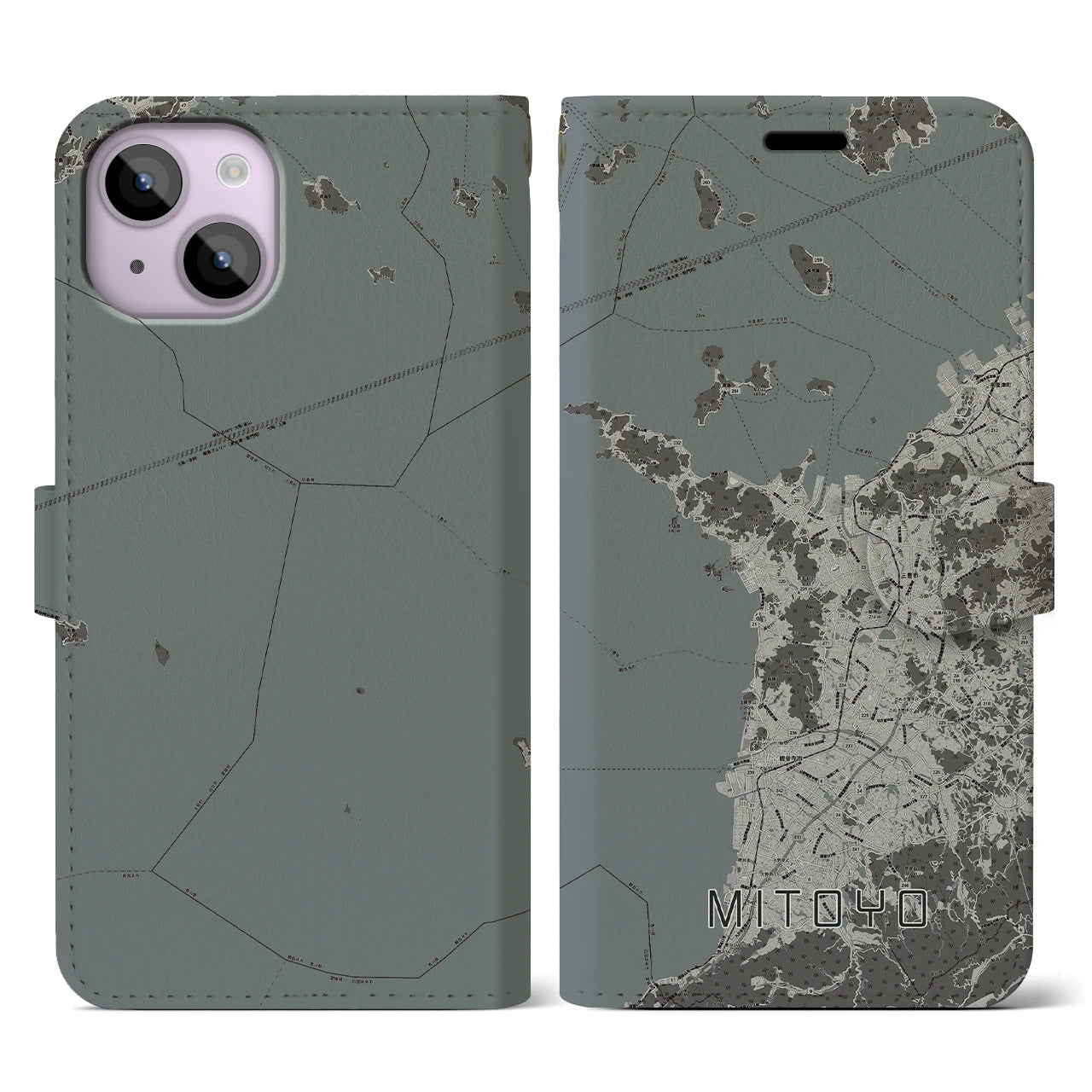 【三豊(香川県)】地図柄iPhoneケース(手帳タイプ)モノトーン・iPhone 14 用
