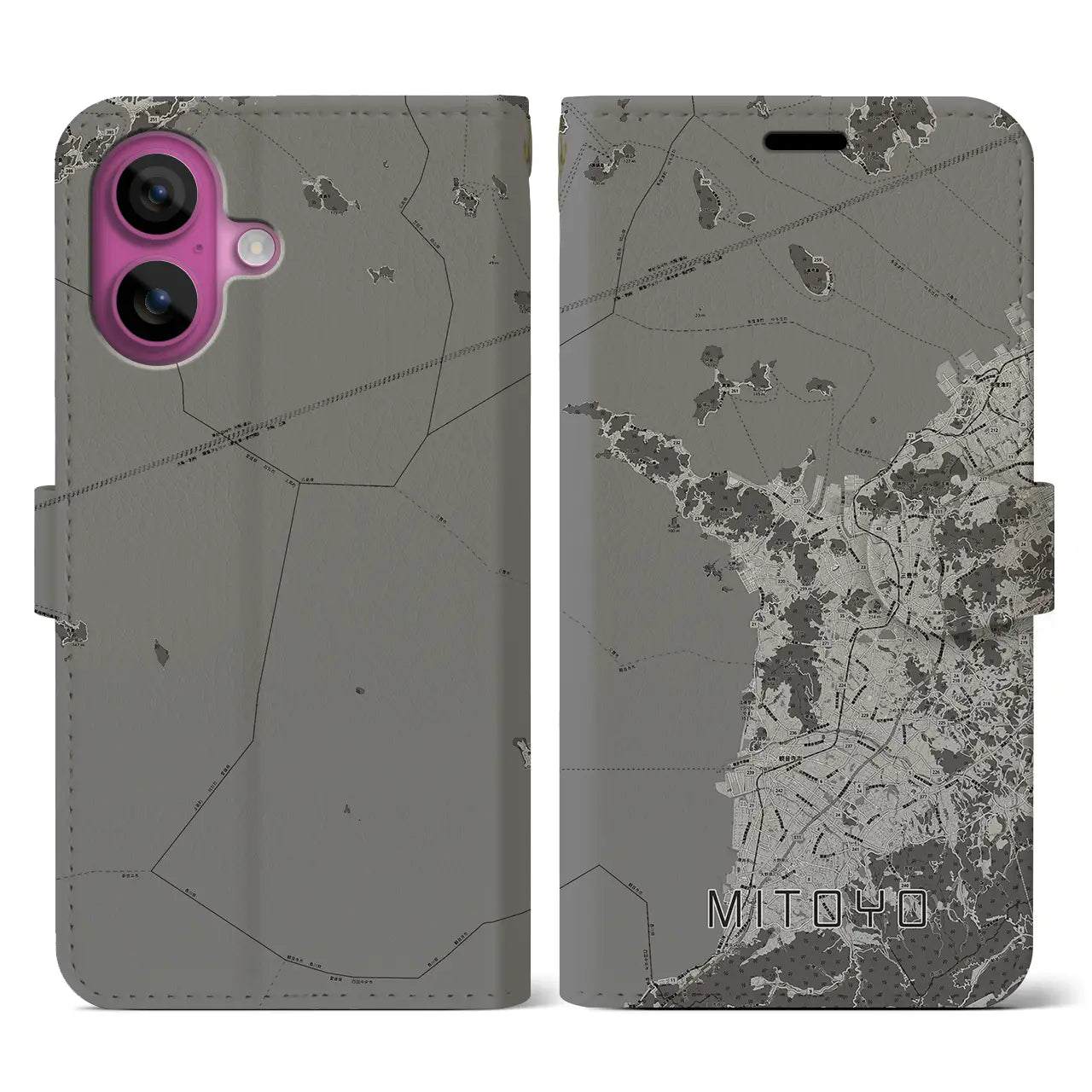 【三豊(香川県)】地図柄iPhoneケース(手帳タイプ)モノトーン・iPhone 16 Pro 用