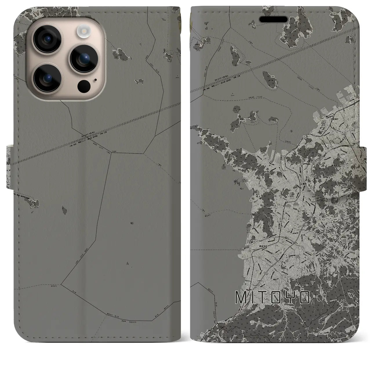 【三豊(香川県)】地図柄iPhoneケース(手帳タイプ)モノトーン・iPhone 16 Plus 用
