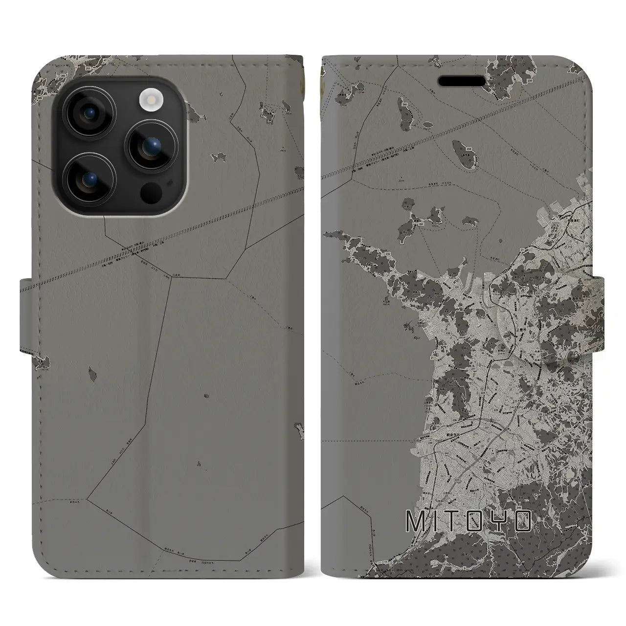 【三豊(香川県)】地図柄iPhoneケース(手帳タイプ)モノトーン・iPhone 16 用