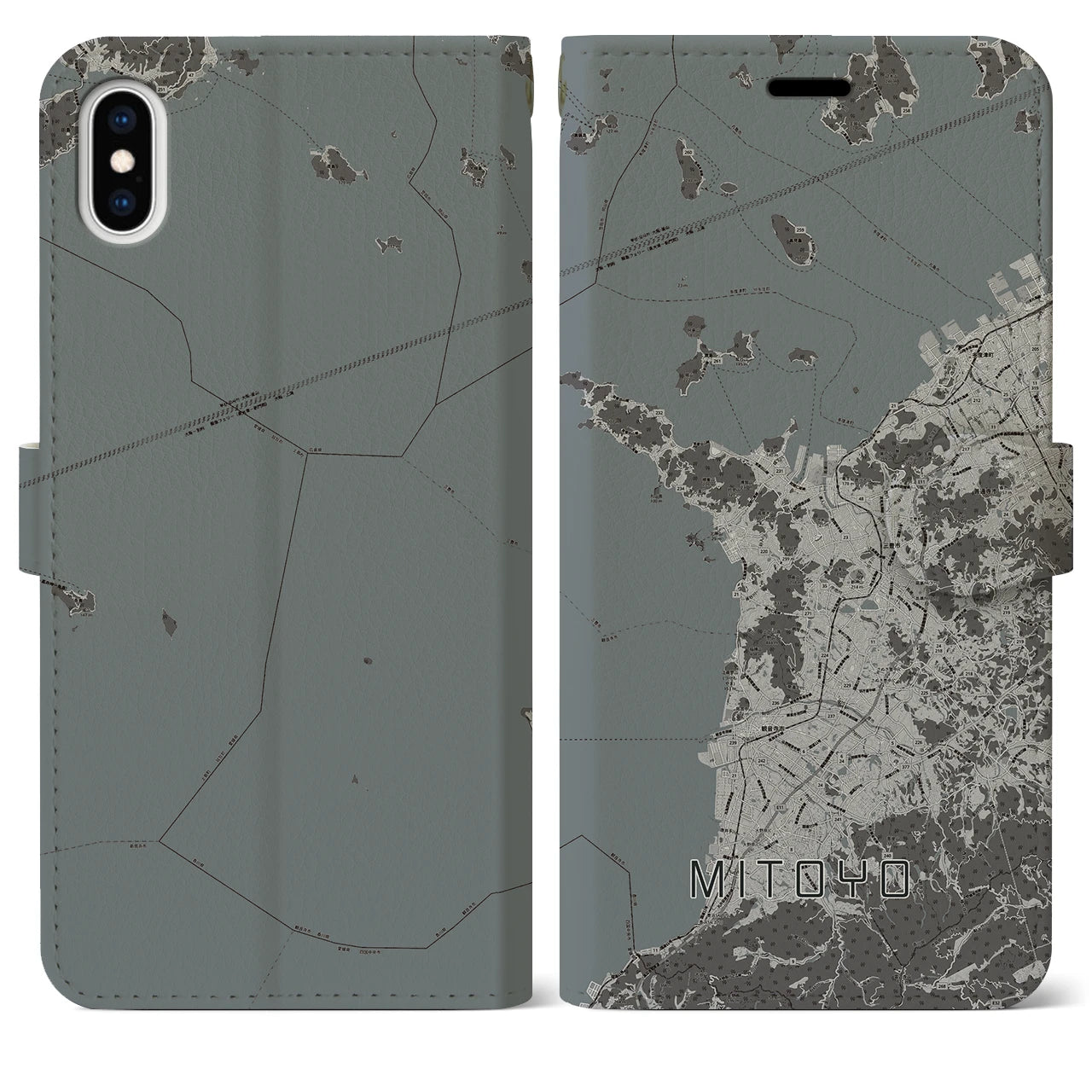 【三豊(香川県)】地図柄iPhoneケース(手帳タイプ)モノトーン・iPhone XS Max 用
