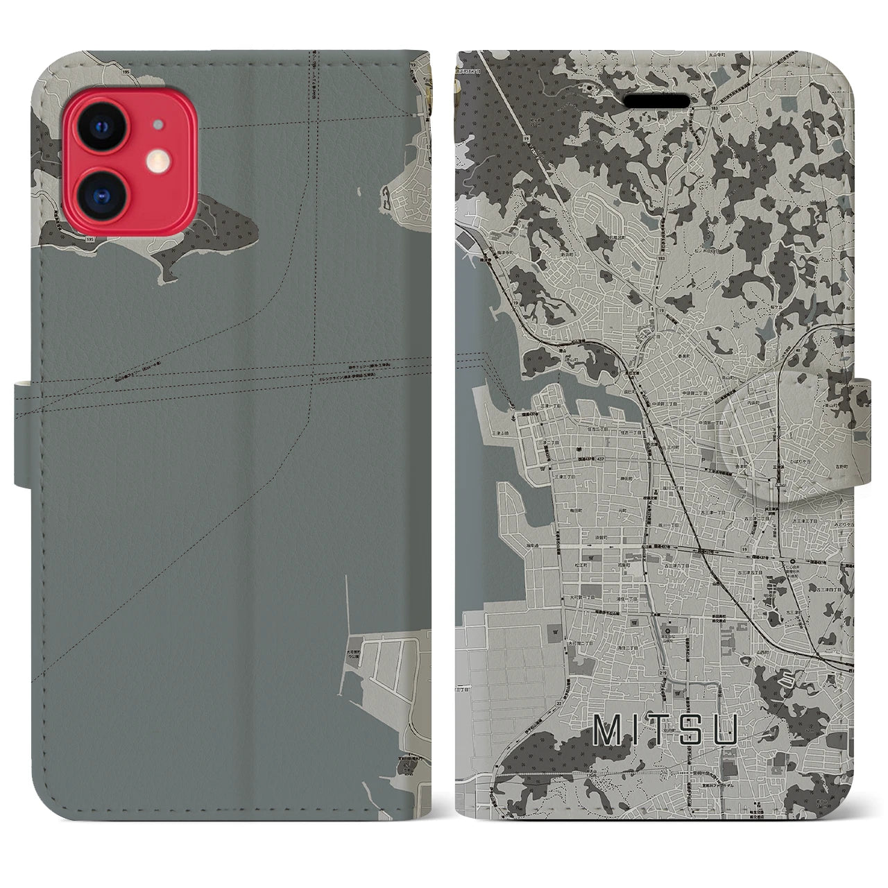 【三津(愛媛県)】地図柄iPhoneケース(手帳タイプ)モノトーン・iPhone 11 用