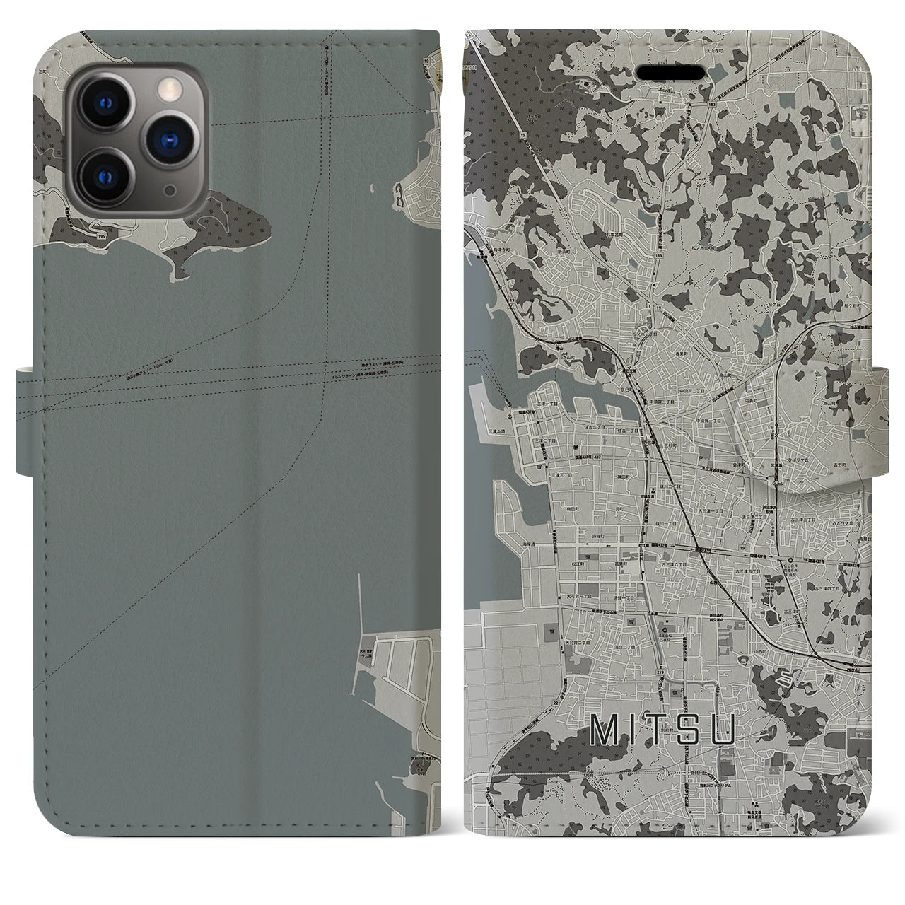 【三津(愛媛県)】地図柄iPhoneケース(手帳タイプ)モノトーン・iPhone 11 Pro Max 用