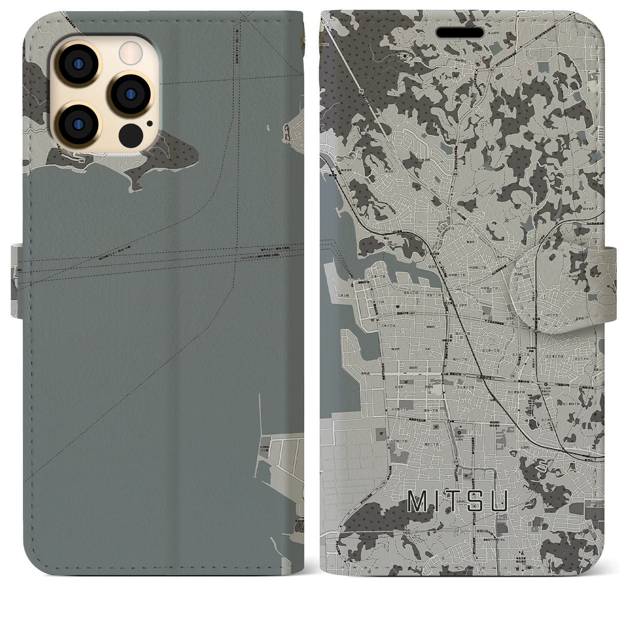 【三津(愛媛県)】地図柄iPhoneケース(手帳タイプ)モノトーン・iPhone 12 Pro Max 用