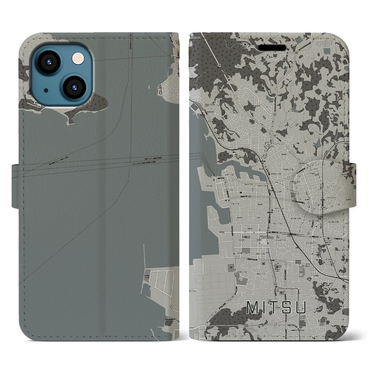 【三津(愛媛県)】地図柄iPhoneケース(手帳タイプ)モノトーン・iPhone 13 用