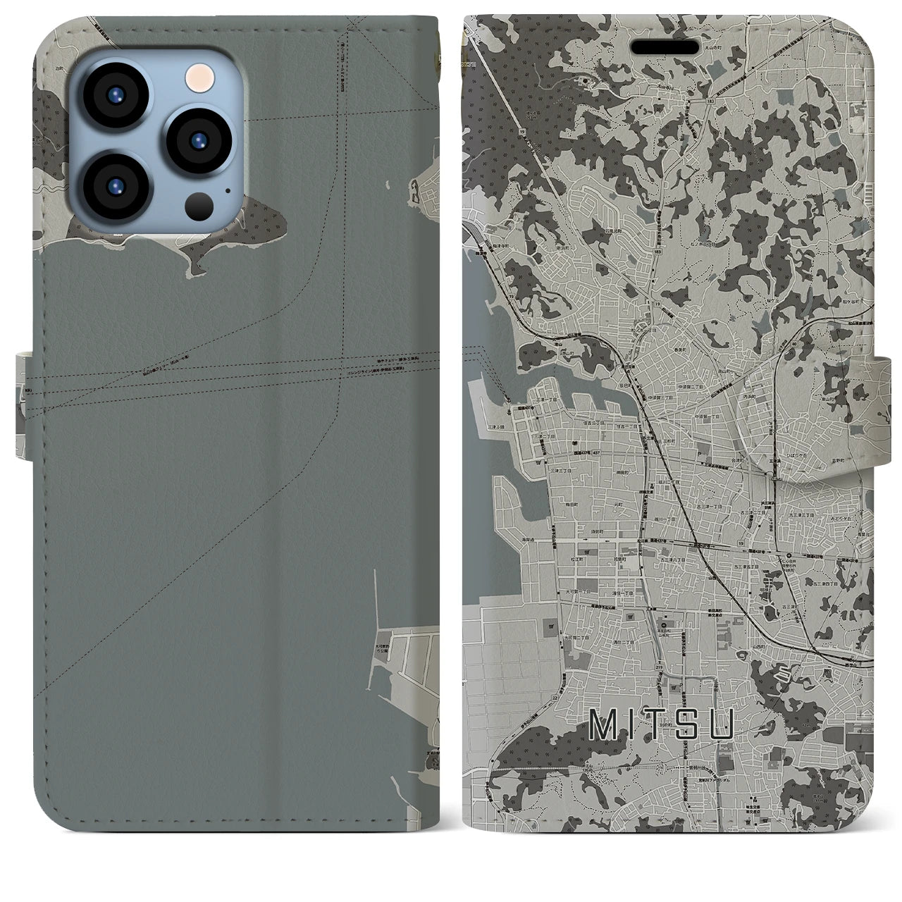 【三津(愛媛県)】地図柄iPhoneケース(手帳タイプ)モノトーン・iPhone 13 Pro Max 用