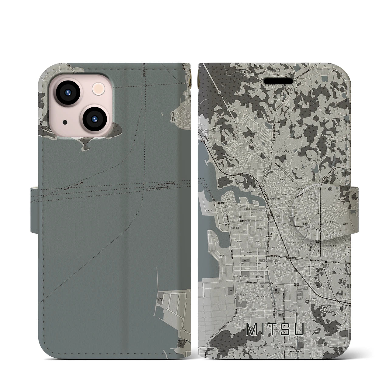 【三津(愛媛県)】地図柄iPhoneケース(手帳タイプ)モノトーン・iPhone 13 mini 用