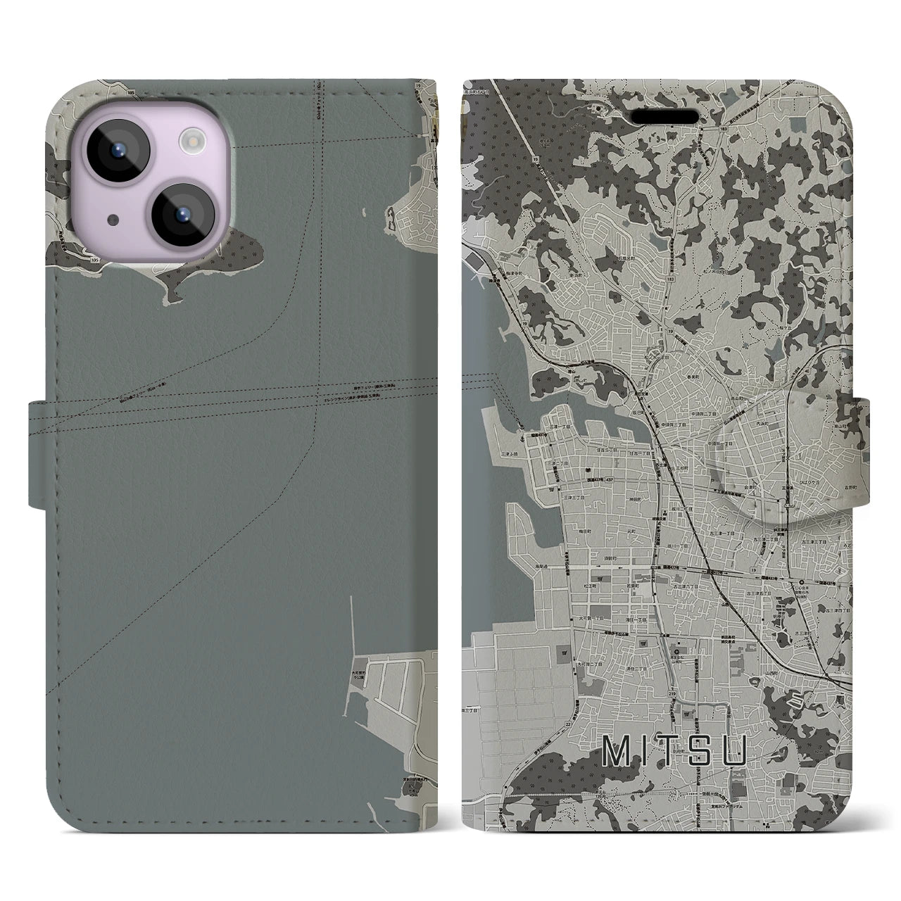 【三津(愛媛県)】地図柄iPhoneケース(手帳タイプ)モノトーン・iPhone 14 用