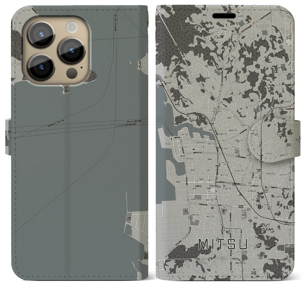 【三津(愛媛県)】地図柄iPhoneケース(手帳タイプ)モノトーン・iPhone 14 Pro Max 用